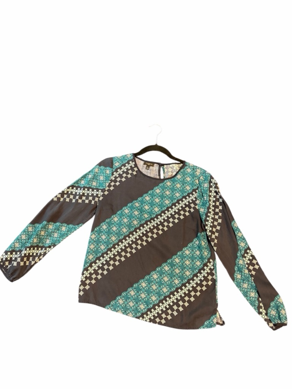 Talbots Black & Teal Diagonal Patterned Long-Sleeve Blouse